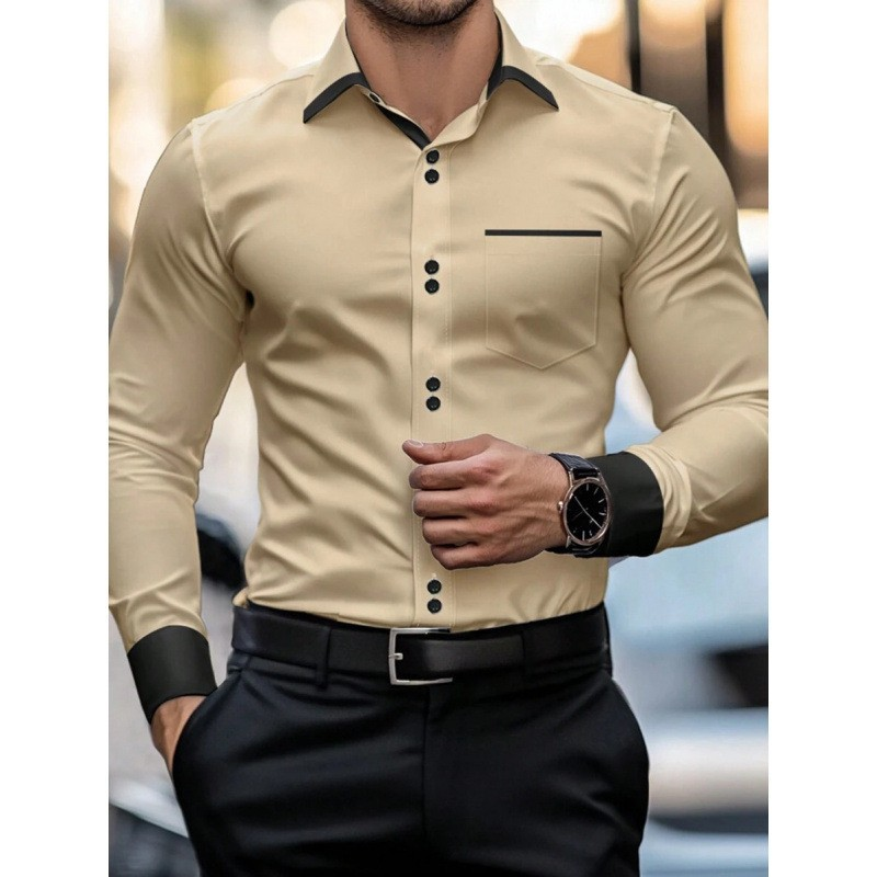 Men's Fashion Color Block Business Lapel Long-Sleeve Shirt